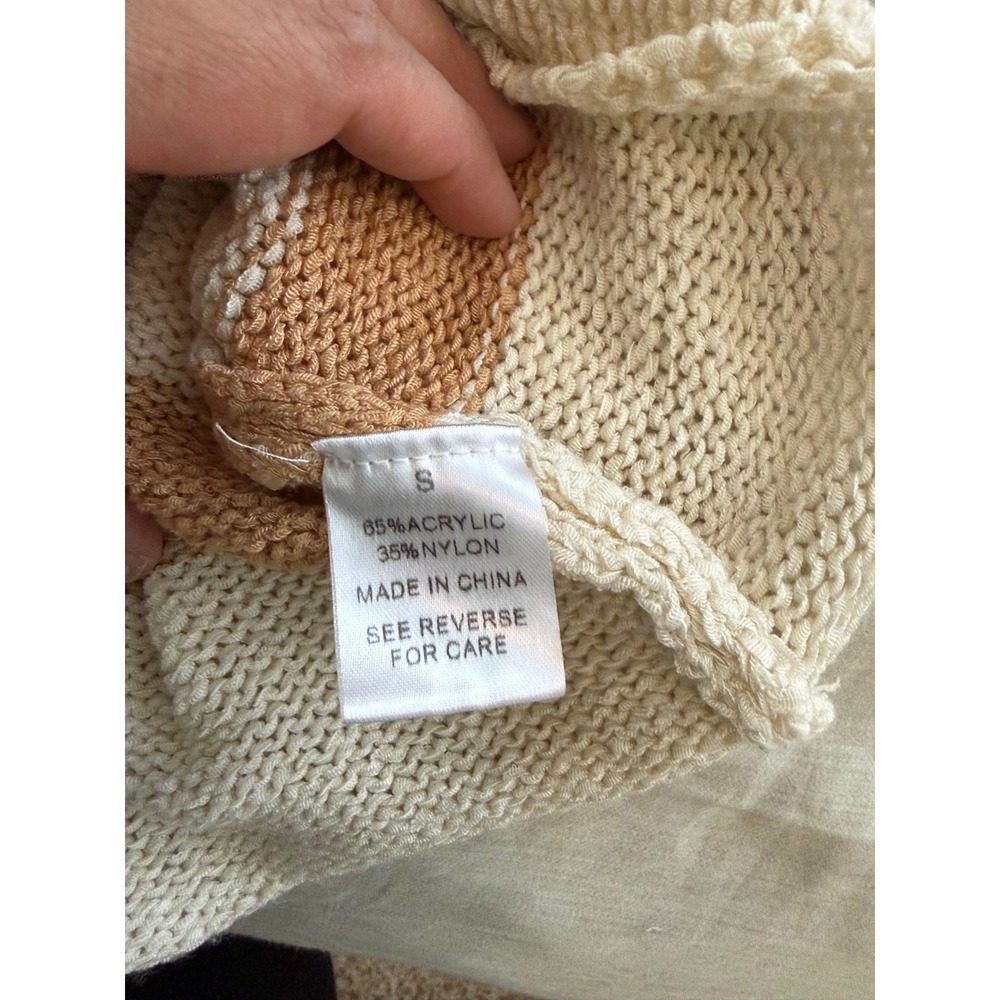 Wishlist Cream Tan Striped Knit Sweater Short Sleeve Boxy Boho Small - Picture 5 of 6